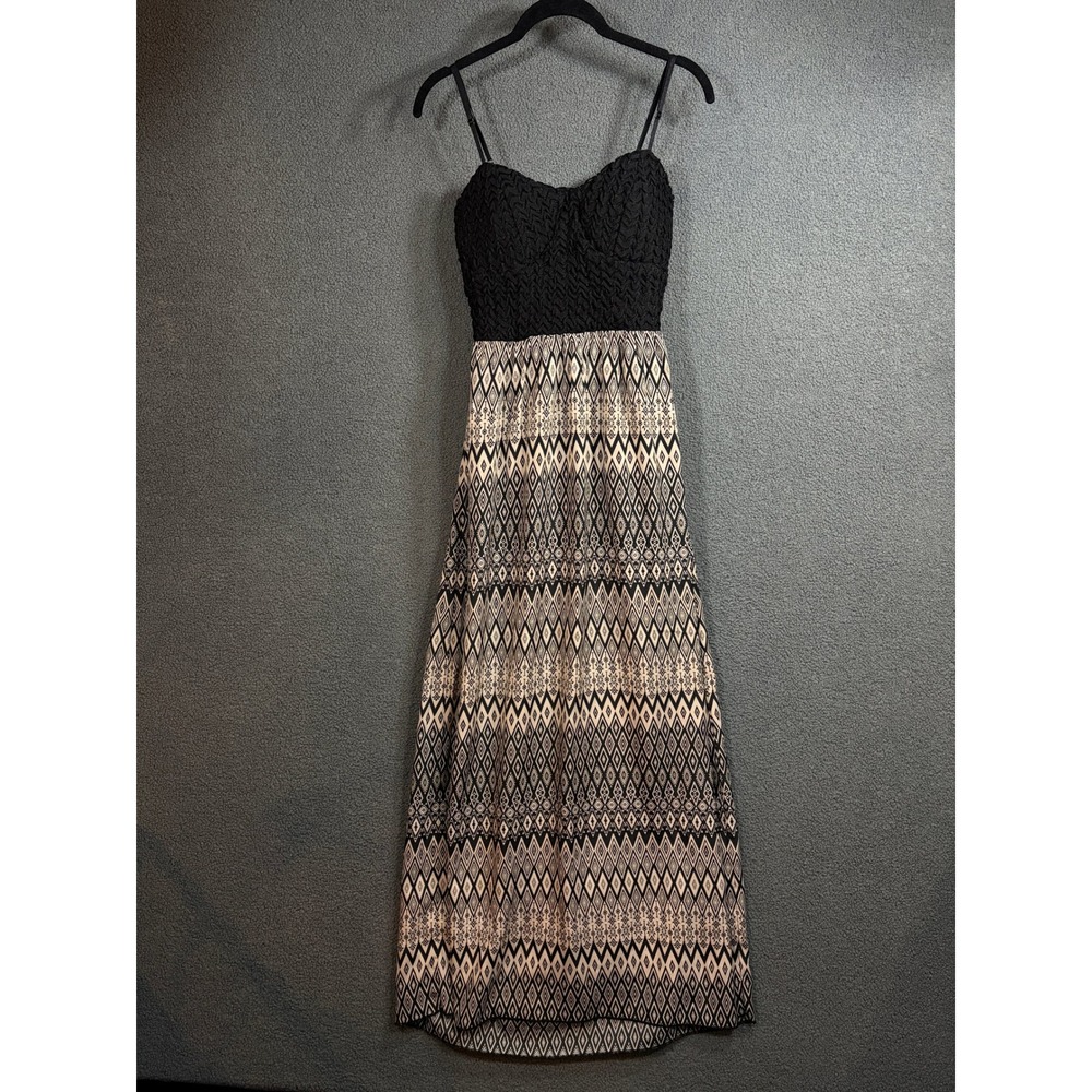 Lush Maxi Dress Women Large Black Tan Geometric Open Back Smocked Bodice Boho